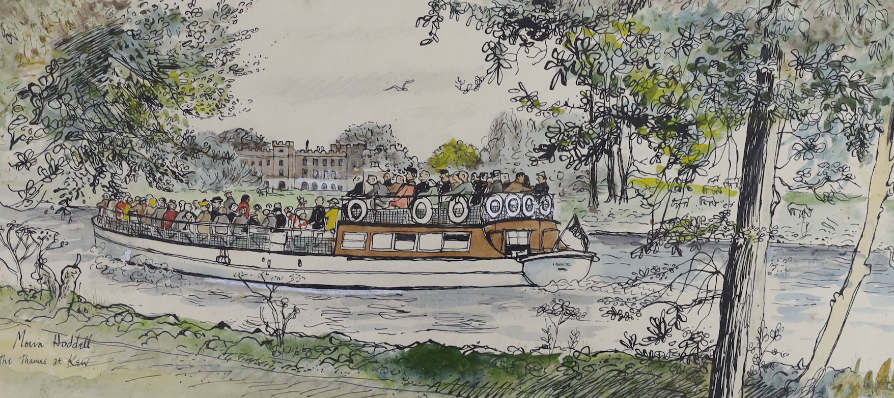 Moira Hoddell, two ink and watercolours, Star, News and Standard and The Thames at Kew, together with an ink sketch of houses in East Street, Lewes, each signed and inscribed, largest 36 x 26cm